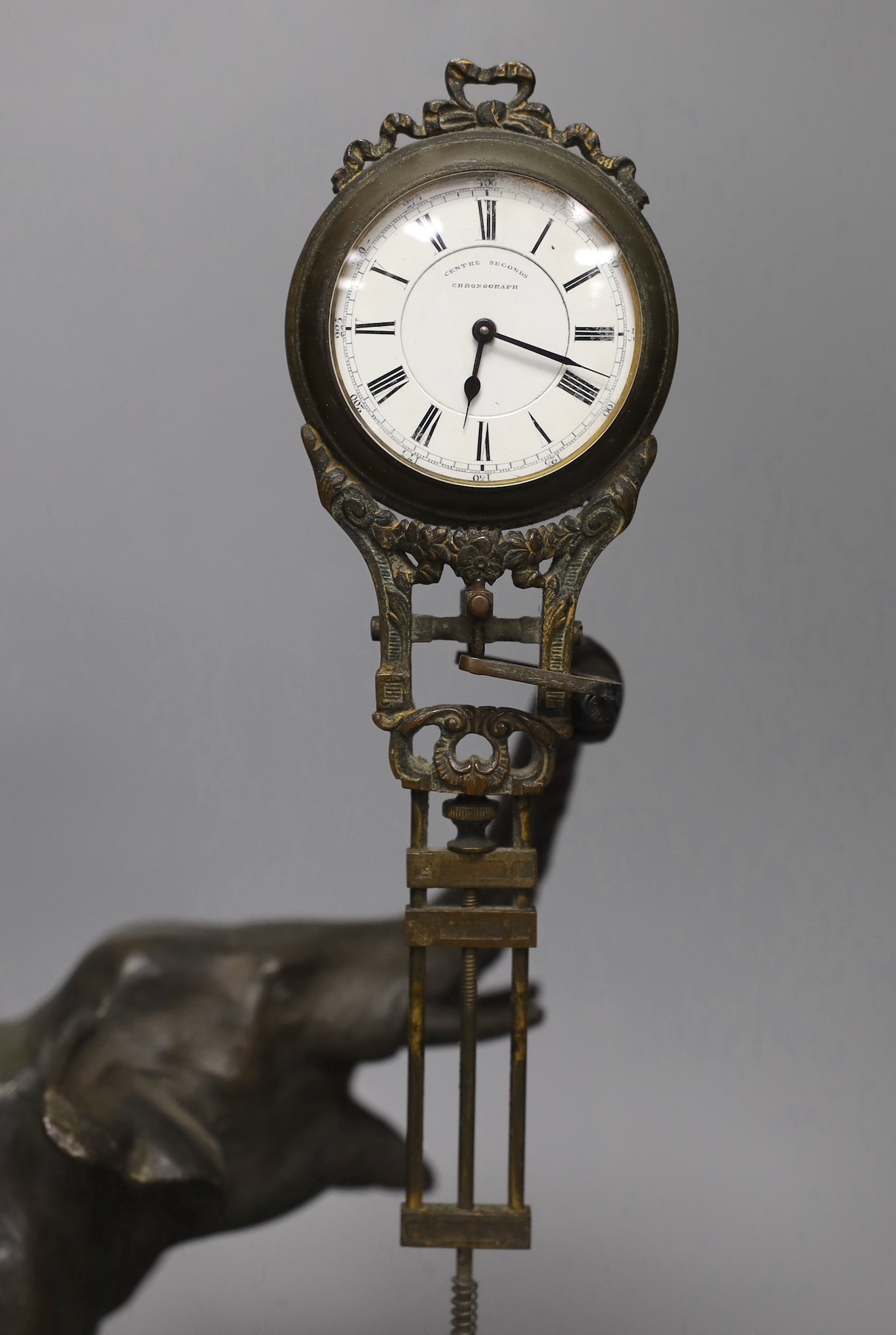 A patinated spelter ‘elephant’ mystery’ timepiece, 29cms high